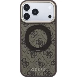 Coque iPhone 18 Pro / 17 Pro - Guess PU 4G avec anneau support 360&deg; MagSafe et cadre m&eacute;tallique - Brun