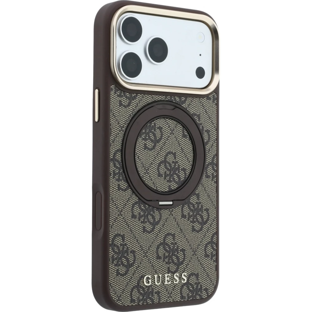 Coque iPhone 18 Pro / 17 Pro - Guess PU 4G avec anneau support 360&deg; MagSafe et cadre m&eacute;tallique - Brun