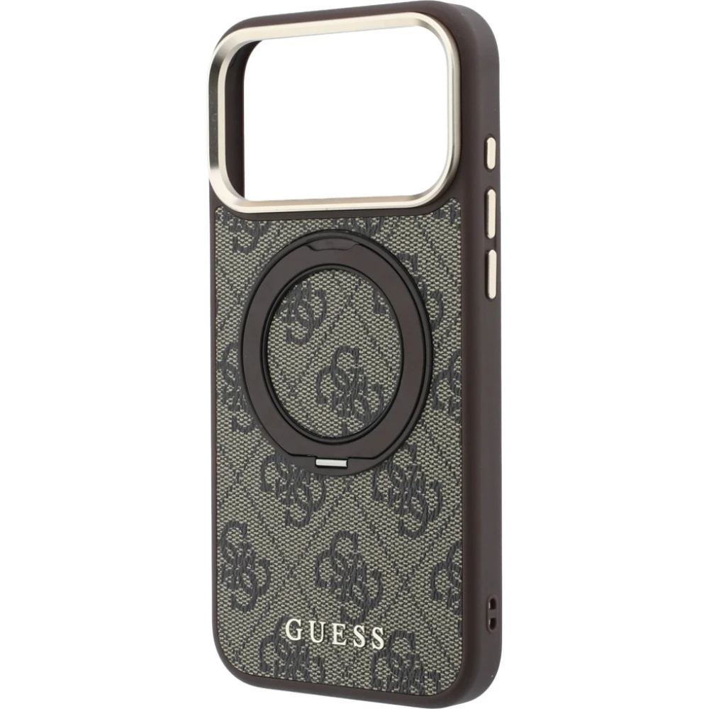 Coque iPhone 18 Pro / 17 Pro - Guess PU 4G avec anneau support 360&deg; MagSafe et cadre m&eacute;tallique - Brun