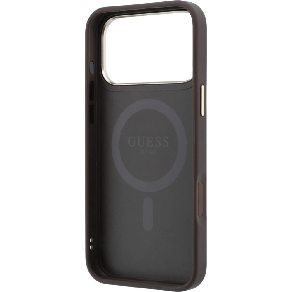 Coque iPhone 18 Pro / 17 Pro - Guess PU 4G avec anneau support 360&deg; MagSafe et cadre m&eacute;tallique - Brun
