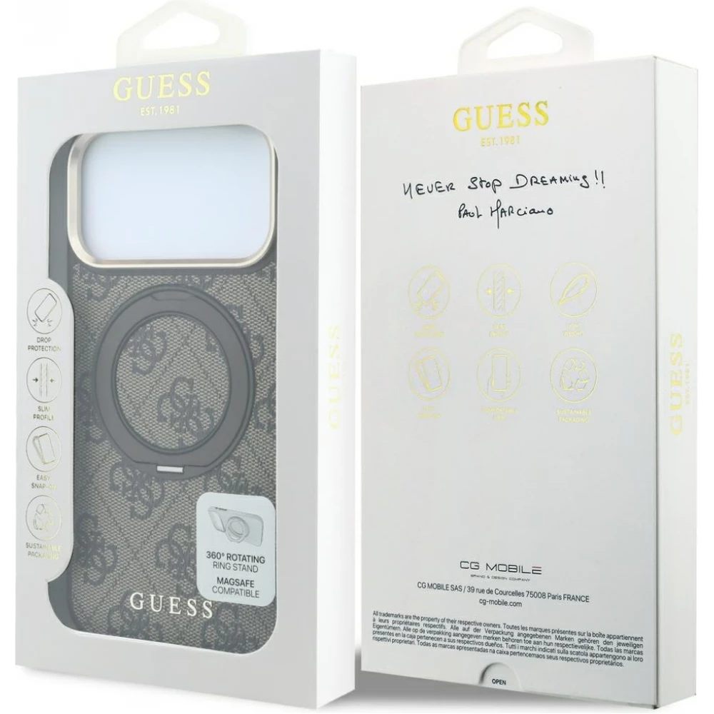 Coque iPhone 18 Pro / 17 Pro - Guess PU 4G avec anneau support 360&deg; MagSafe et cadre m&eacute;tallique - Brun