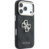 iPhone 18 Pro / 17 Pro Case H&uuml;lle - Guess Metall-Logo mit Strass aus Kunstleder und Metallrahmen - Schwarz