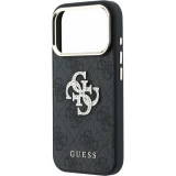 iPhone 18 Pro / 17 Pro Case H&uuml;lle - Guess Metall-Logo mit Strass aus Kunstleder und Metallrahmen - Schwarz