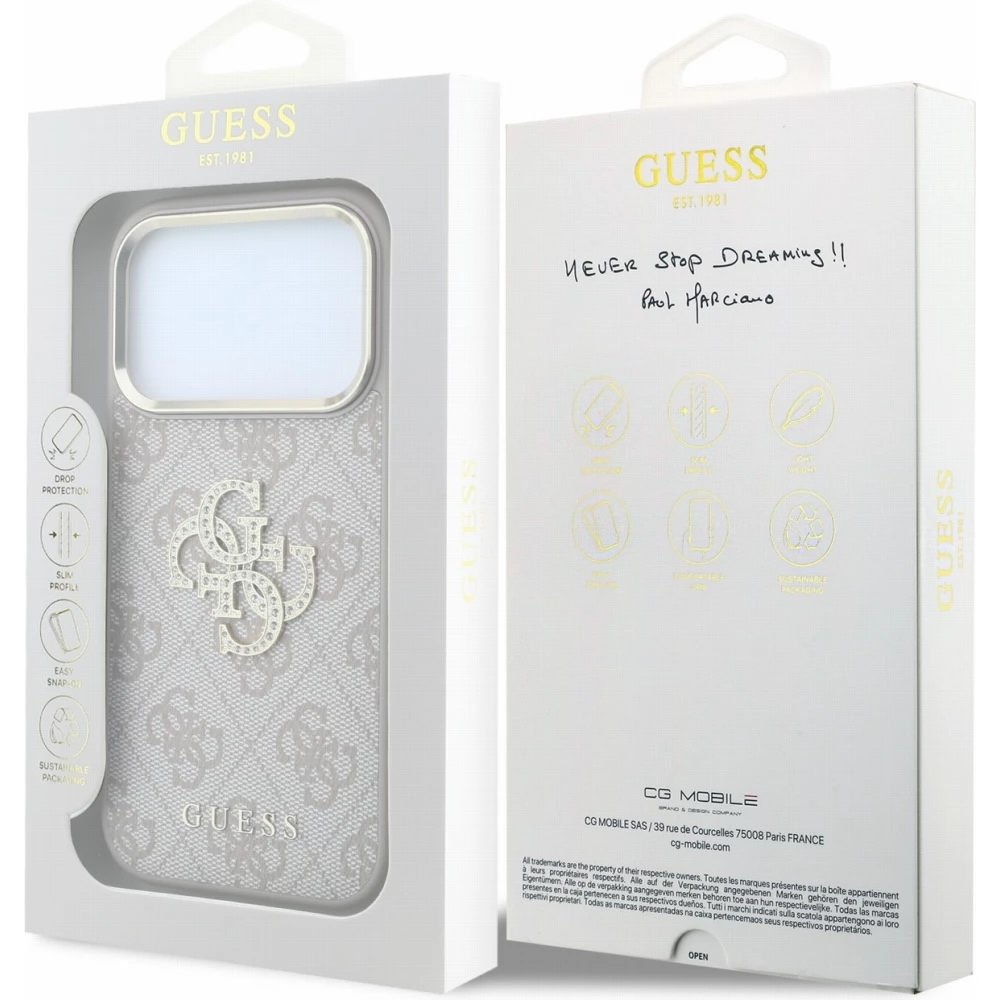 iPhone 18 Pro / 17 Pro Case H&uuml;lle - Guess Metall-Logo mit Strass aus Kunstleder und Metallrahmen - Rosa