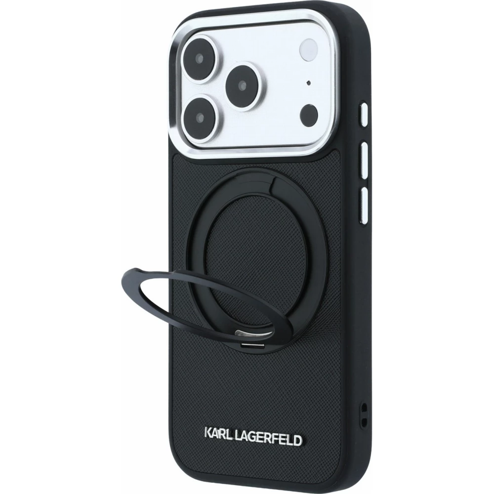 Coque iPhone 18 Pro / 17 Pro - Karl Lagerfeld PU Saffiano MagSafe avec anneau de support 360&deg; - Noir