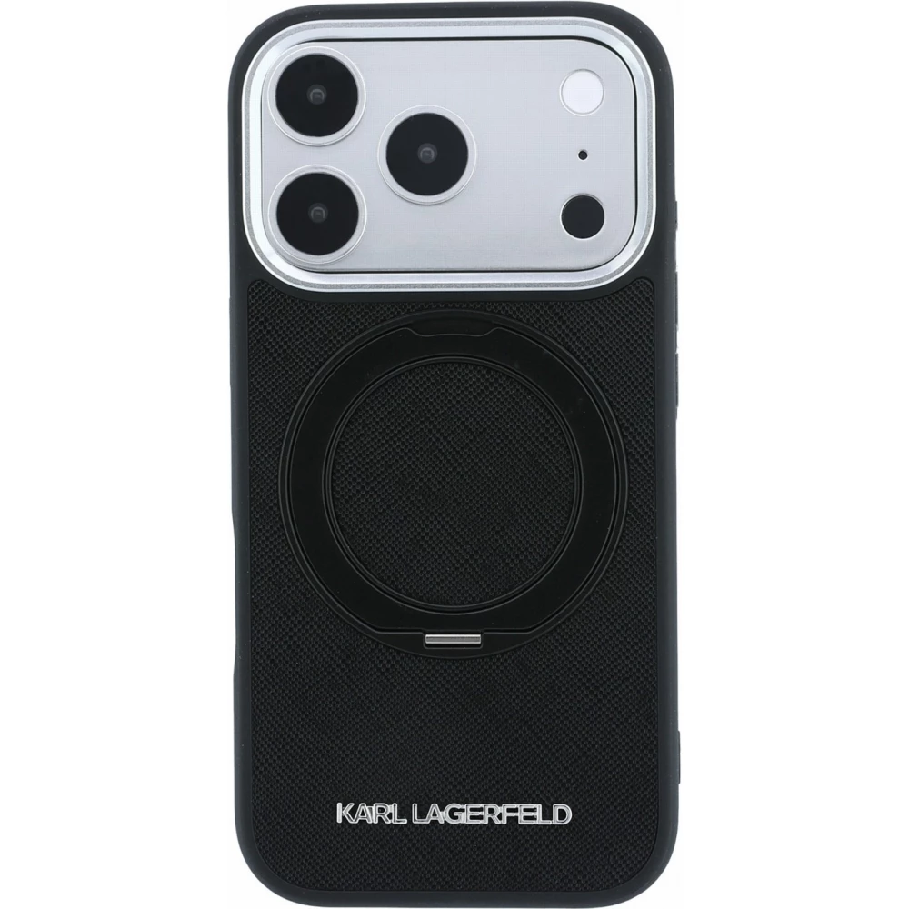 Coque iPhone 18 Pro / 17 Pro - Karl Lagerfeld PU Saffiano MagSafe avec anneau de support 360&deg; - Noir