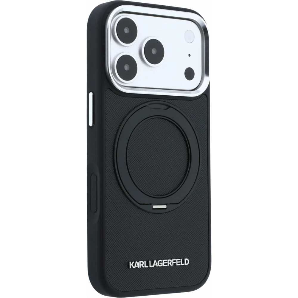 Coque iPhone 18 Pro / 17 Pro - Karl Lagerfeld PU Saffiano MagSafe avec anneau de support 360&deg; - Noir