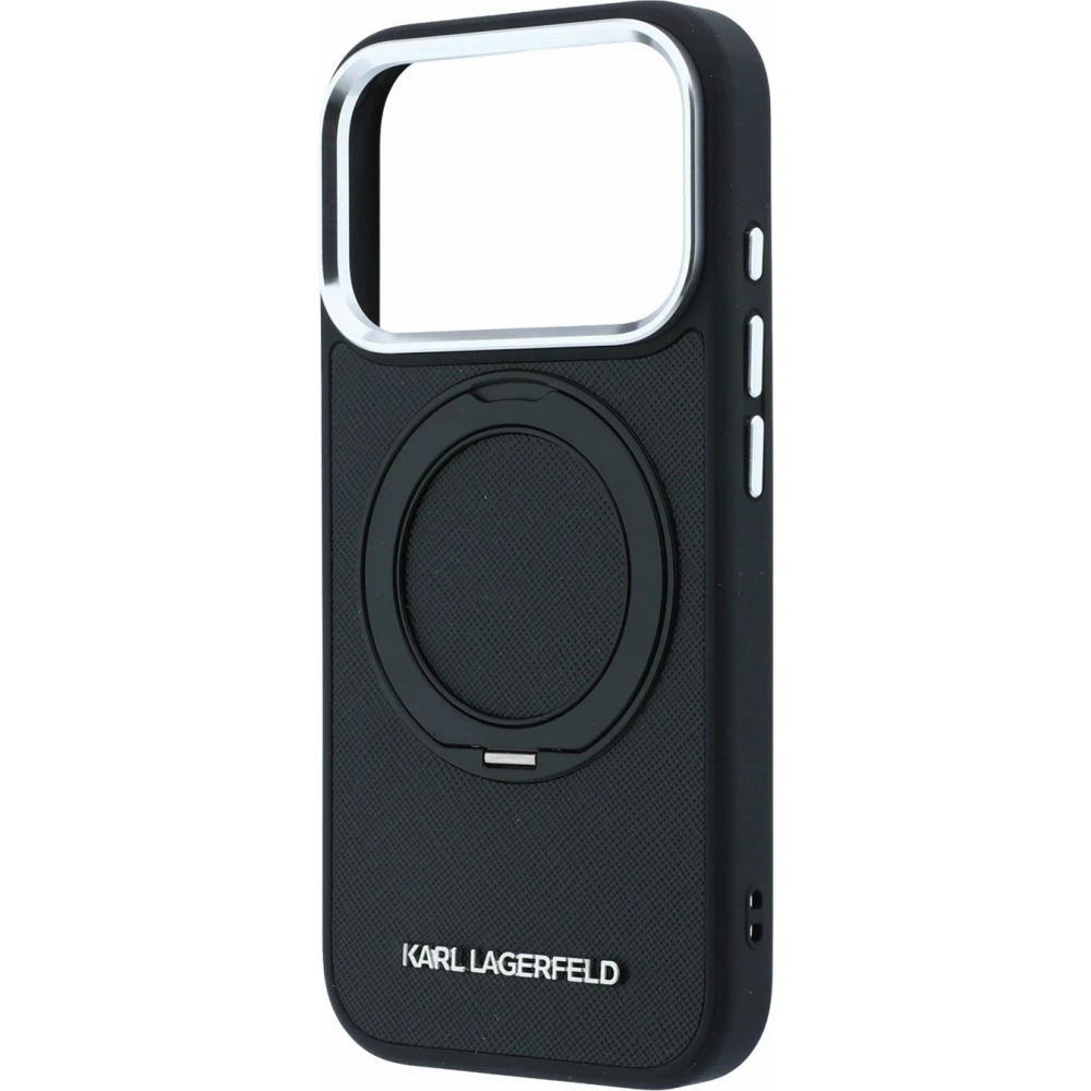 Coque iPhone 18 Pro / 17 Pro - Karl Lagerfeld PU Saffiano MagSafe avec anneau de support 360&deg; - Noir