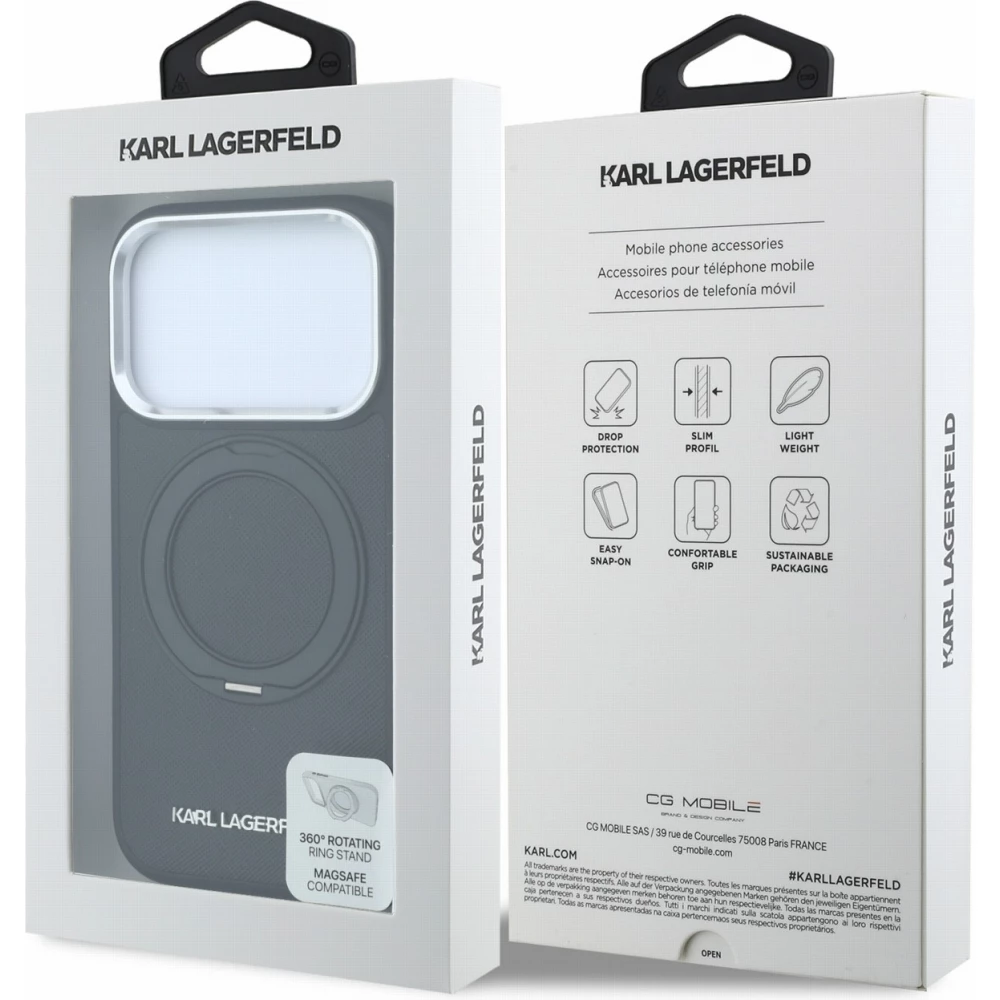 Coque iPhone 18 Pro / 17 Pro - Karl Lagerfeld PU Saffiano MagSafe avec anneau de support 360&deg; - Noir
