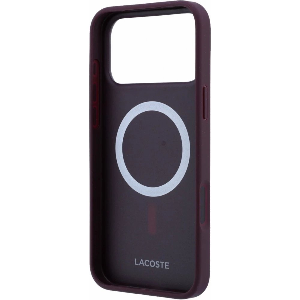 Coque iPhone 18 Pro / 17 Pro - Lacoste Petit Pique MagSafe avec logo m&eacute;tal protection &eacute;l&eacute;gante et durable - Burgundy