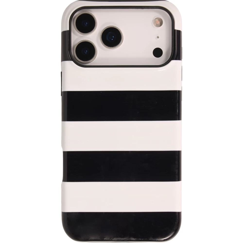 Coque iPhone 18 Pro Max / 17 Pro Max - Bold stripes à rayures noires et blanches double protection avec intérieur en silicone et extérieur en plastique rigide - Noir
