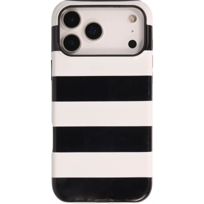 Coque iPhone 18 Pro Max / 17 Pro Max - Bold stripes à rayures noires et blanches double protection avec intérieur en silicone et extérieur en plastique rigide - Noir