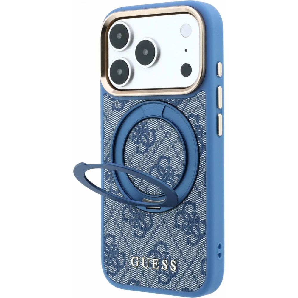 Coque iPhone 18 Pro Max / 17 Pro Max - Guess PU 4G avec anneau support 360° MagSafe et cadre métallique - Bleu