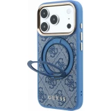 Coque iPhone 18 Pro Max / 17 Pro Max - Guess PU 4G avec anneau support 360° MagSafe et cadre métallique - Bleu