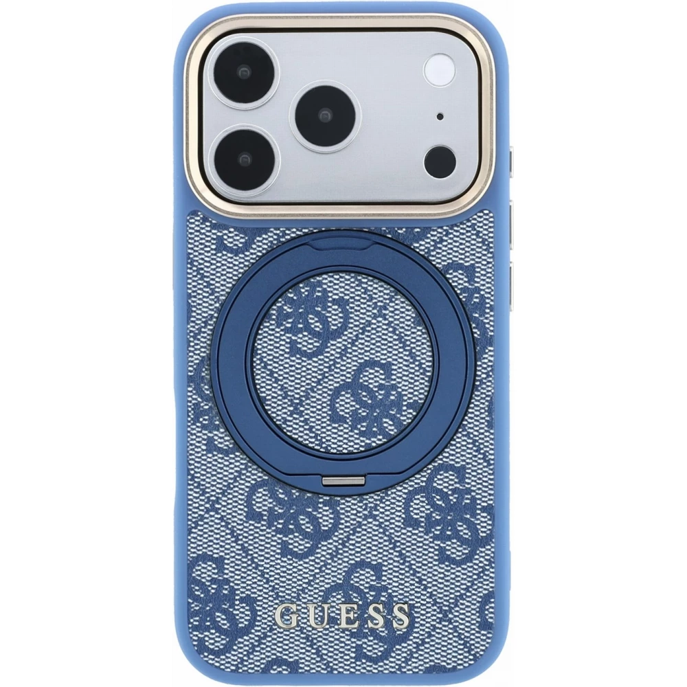 Coque iPhone 18 Pro Max / 17 Pro Max - Guess PU 4G avec anneau support 360° MagSafe et cadre métallique - Bleu