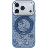 Coque iPhone 18 Pro Max / 17 Pro Max - Guess PU 4G avec anneau support 360° MagSafe et cadre métallique - Bleu