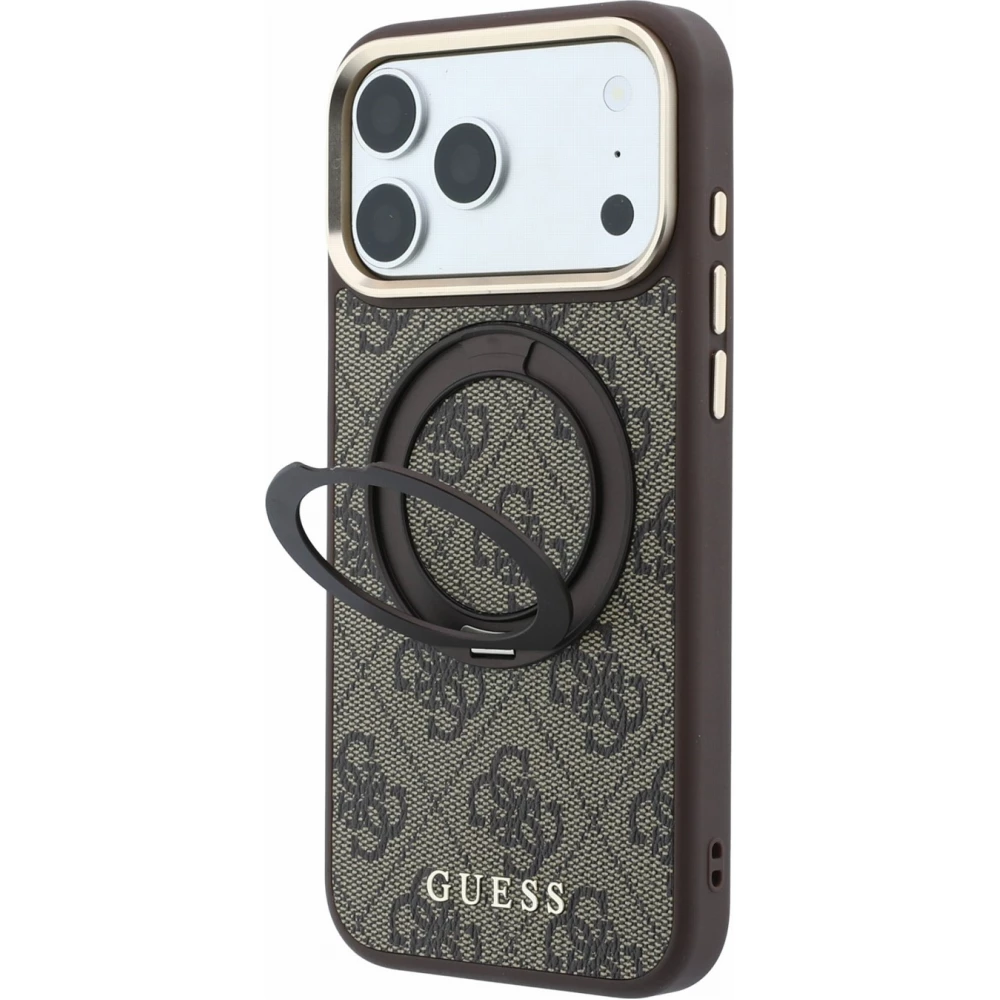 Coque iPhone 18 Pro Max / 17 Pro Max - Guess PU 4G avec anneau support 360° MagSafe et cadre métallique - Brun
