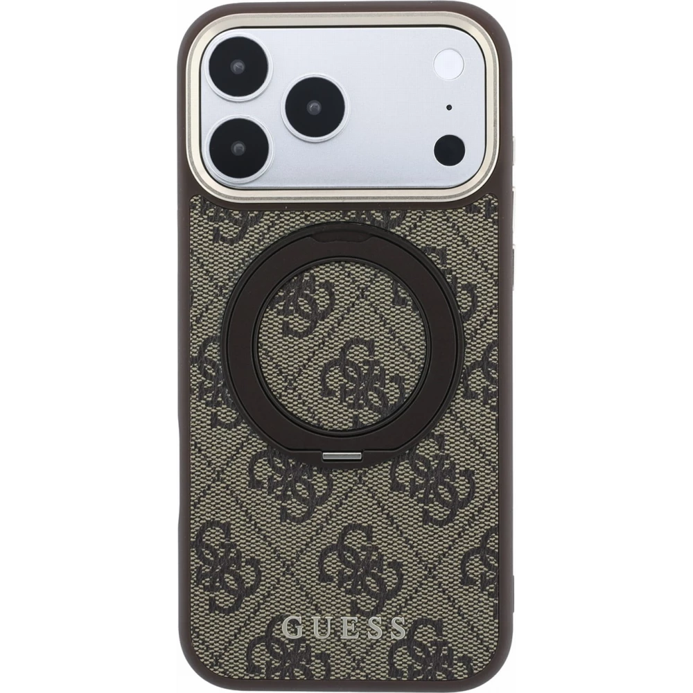Coque iPhone 18 Pro Max / 17 Pro Max - Guess PU 4G avec anneau support 360° MagSafe et cadre métallique - Brun