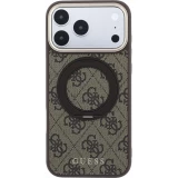 Coque iPhone 18 Pro Max / 17 Pro Max - Guess PU 4G avec anneau support 360° MagSafe et cadre métallique - Brun