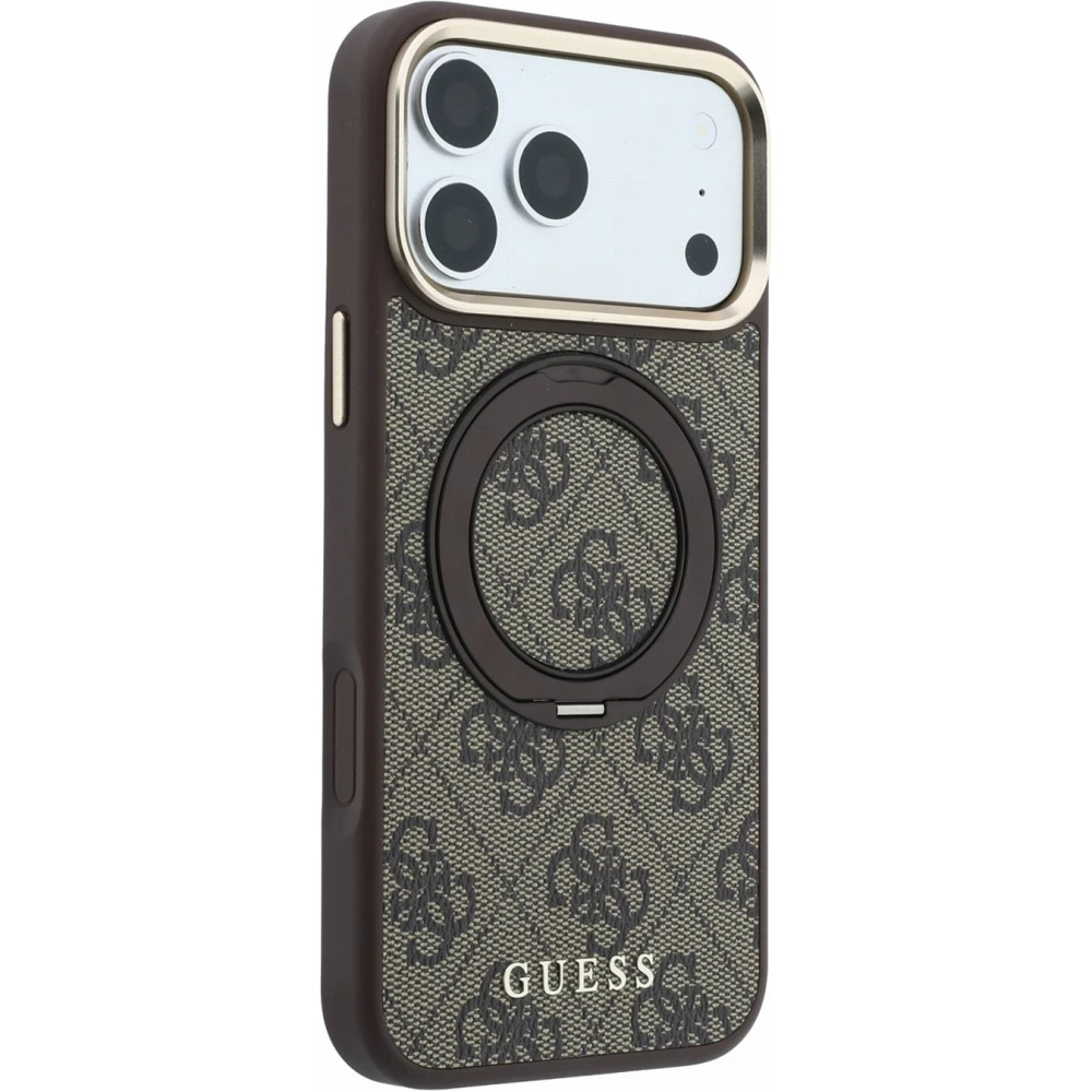 Coque iPhone 18 Pro Max / 17 Pro Max - Guess PU 4G avec anneau support 360° MagSafe et cadre métallique - Brun