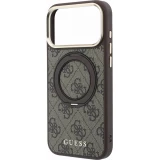 Coque iPhone 18 Pro Max / 17 Pro Max - Guess PU 4G avec anneau support 360° MagSafe et cadre métallique - Brun