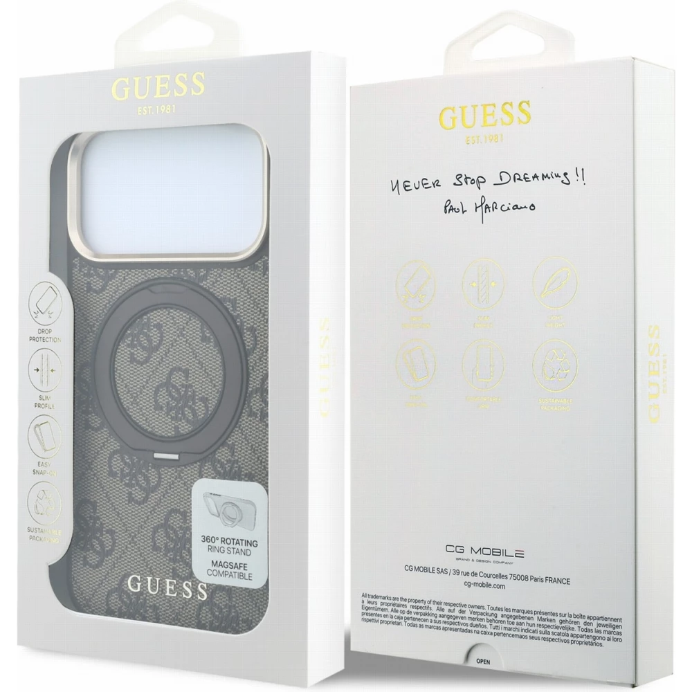 Coque iPhone 18 Pro Max / 17 Pro Max - Guess PU 4G avec anneau support 360° MagSafe et cadre métallique - Brun