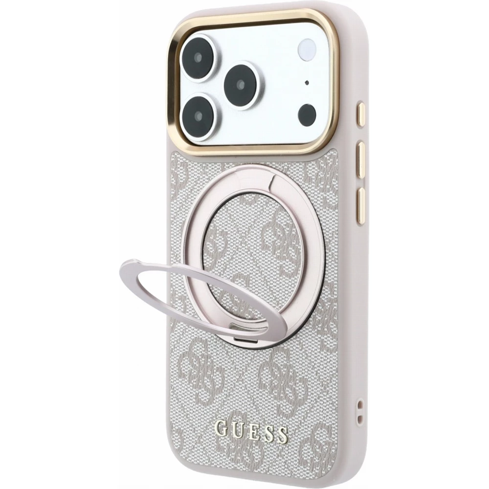 Coque iPhone 18 Pro Max / 17 Pro Max - Guess PU 4G avec anneau support 360&deg; MagSafe et cadre m&eacute;tallique - Rose