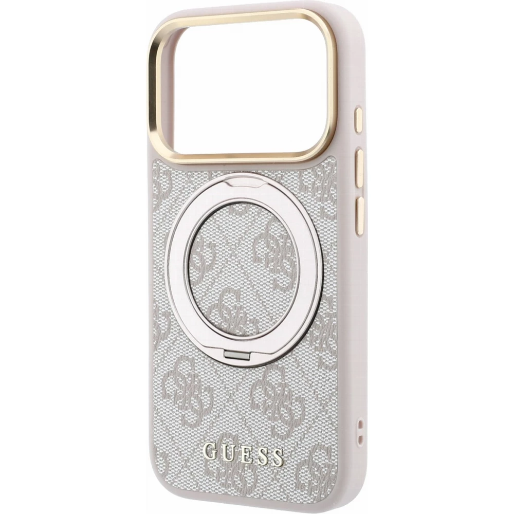 Coque iPhone 18 Pro Max / 17 Pro Max - Guess PU 4G avec anneau support 360&deg; MagSafe et cadre m&eacute;tallique - Rose