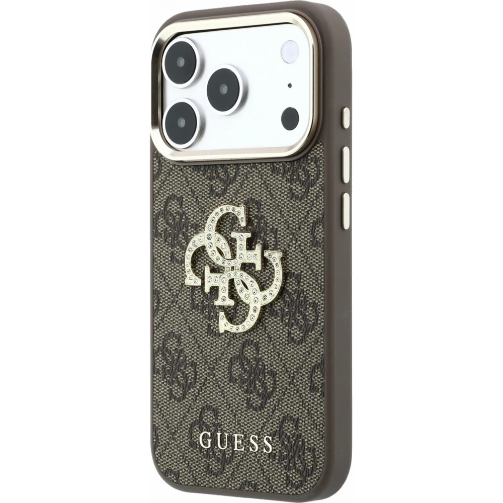 Coque iPhone 18 Pro Max / 17 Pro Max - Guess Strass logo m&eacute;tal en cuir synth&eacute;tique et cadre en m&eacute;tal - Brun