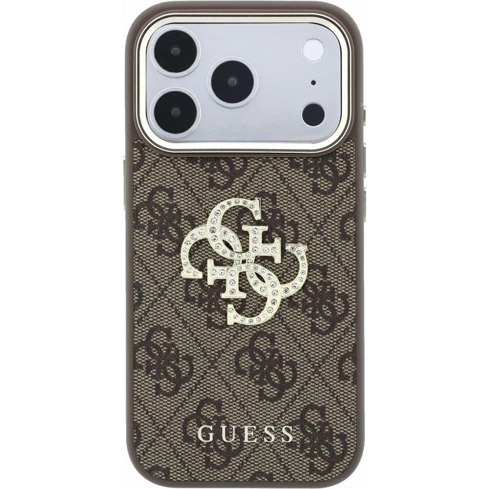 Coque iPhone 18 Pro Max / 17 Pro Max - Guess Strass logo m&eacute;tal en cuir synth&eacute;tique et cadre en m&eacute;tal - Brun