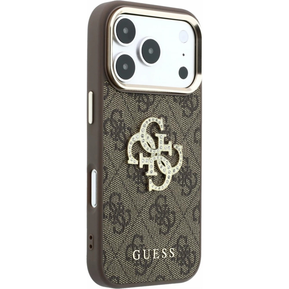 Coque iPhone 18 Pro Max / 17 Pro Max - Guess Strass logo m&eacute;tal en cuir synth&eacute;tique et cadre en m&eacute;tal - Brun