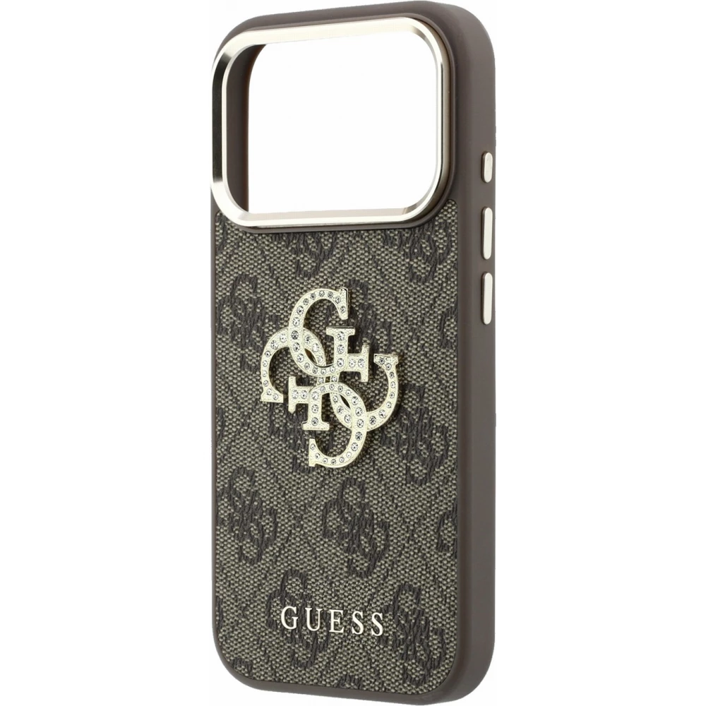 Coque iPhone 18 Pro Max / 17 Pro Max - Guess Strass logo m&eacute;tal en cuir synth&eacute;tique et cadre en m&eacute;tal - Brun
