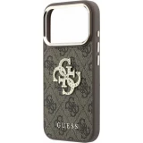 Coque iPhone 18 Pro Max / 17 Pro Max - Guess Strass logo m&eacute;tal en cuir synth&eacute;tique et cadre en m&eacute;tal - Brun