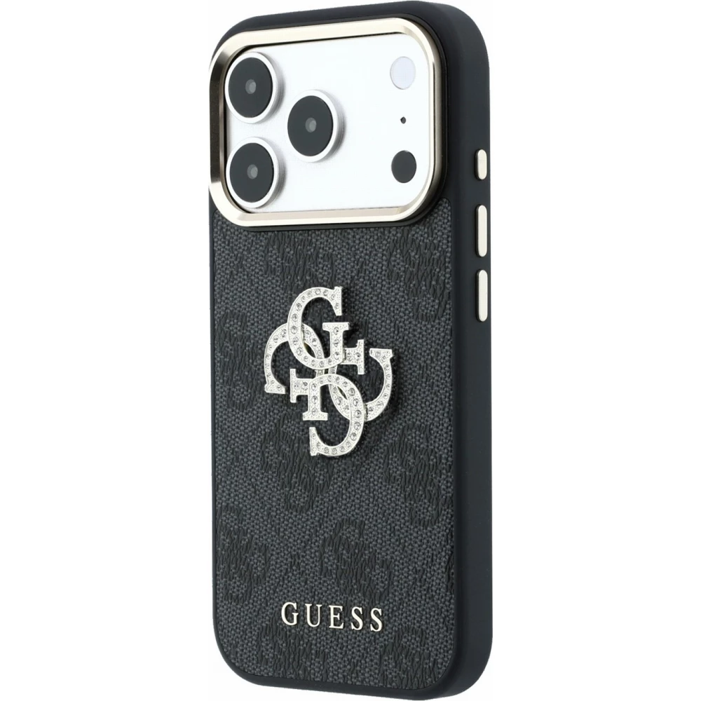 Coque iPhone 18 Pro Max / 17 Pro Max - Guess Strass logo m&eacute;tal en cuir synth&eacute;tique et cadre en m&eacute;tal - Noir