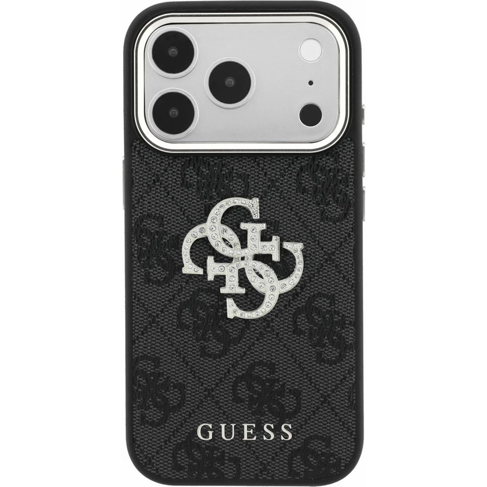 Coque iPhone 18 Pro Max / 17 Pro Max - Guess Strass logo m&eacute;tal en cuir synth&eacute;tique et cadre en m&eacute;tal - Noir