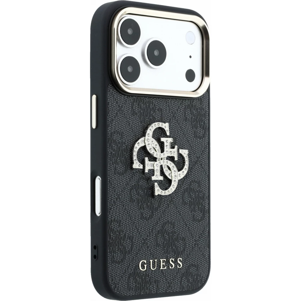 Coque iPhone 18 Pro Max / 17 Pro Max - Guess Strass logo m&eacute;tal en cuir synth&eacute;tique et cadre en m&eacute;tal - Noir