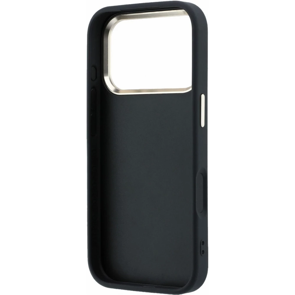 Coque iPhone 18 Pro Max / 17 Pro Max - Guess Strass logo m&eacute;tal en cuir synth&eacute;tique et cadre en m&eacute;tal - Noir