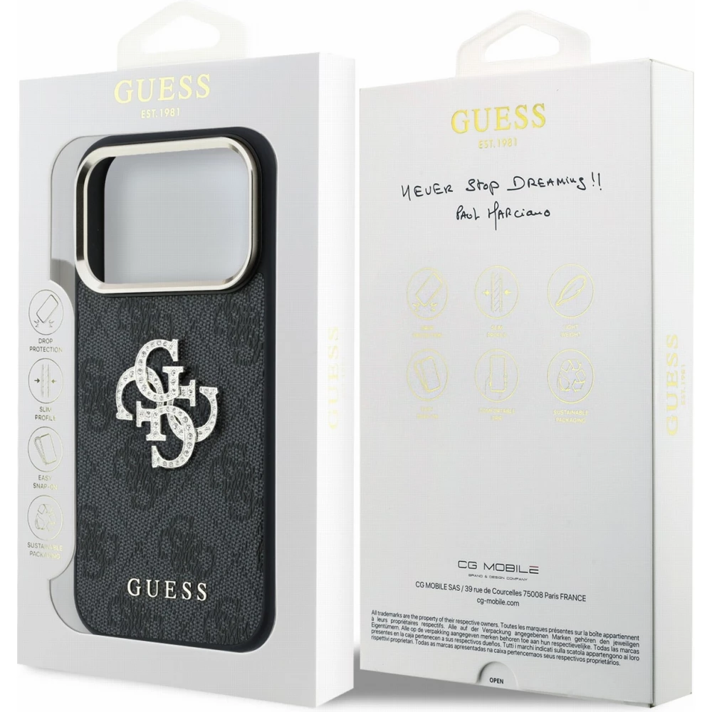 Coque iPhone 18 Pro Max / 17 Pro Max - Guess Strass logo m&eacute;tal en cuir synth&eacute;tique et cadre en m&eacute;tal - Noir