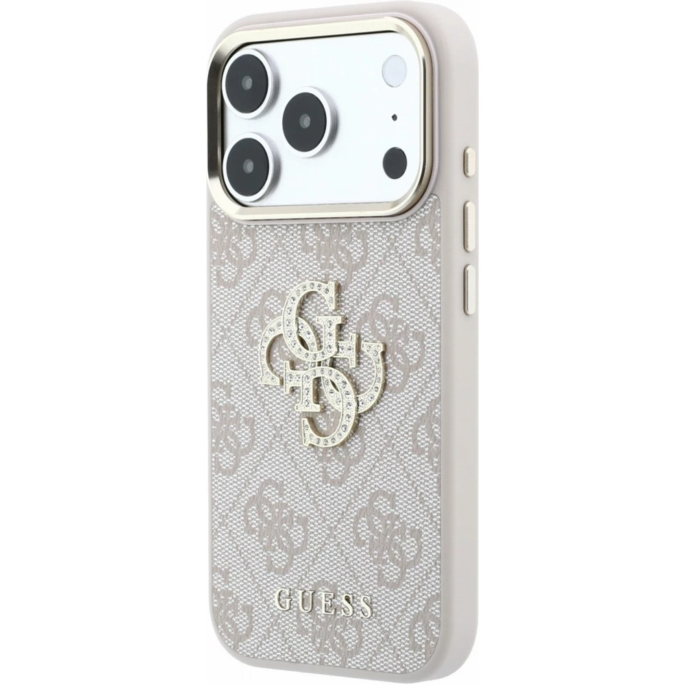 Coque iPhone 18 Pro Max / 17 Pro Max - Guess Strass logo m&eacute;tal en cuir synth&eacute;tique et cadre en m&eacute;tal - Rose