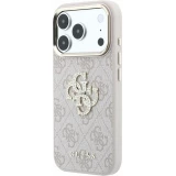 Coque iPhone 18 Pro Max / 17 Pro Max - Guess Strass logo m&eacute;tal en cuir synth&eacute;tique et cadre en m&eacute;tal - Rose