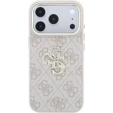 Coque iPhone 18 Pro Max / 17 Pro Max - Guess Strass logo m&eacute;tal en cuir synth&eacute;tique et cadre en m&eacute;tal - Rose