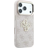 Coque iPhone 18 Pro Max / 17 Pro Max - Guess Strass logo m&eacute;tal en cuir synth&eacute;tique et cadre en m&eacute;tal - Rose