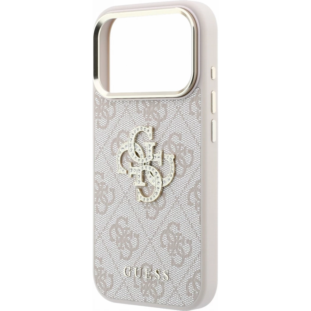 Coque iPhone 18 Pro Max / 17 Pro Max - Guess Strass logo m&eacute;tal en cuir synth&eacute;tique et cadre en m&eacute;tal - Rose