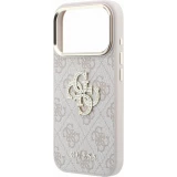Coque iPhone 18 Pro Max / 17 Pro Max - Guess Strass logo m&eacute;tal en cuir synth&eacute;tique et cadre en m&eacute;tal - Rose
