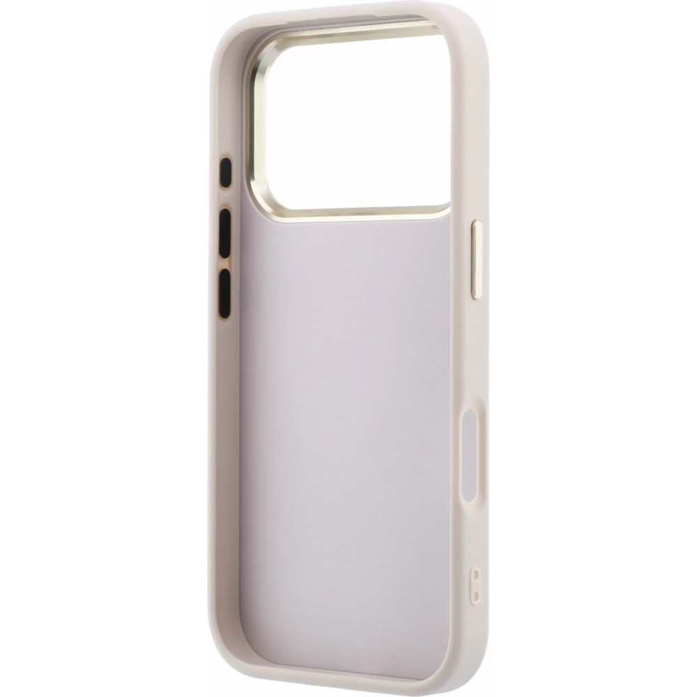 Coque iPhone 18 Pro Max / 17 Pro Max - Guess Strass logo m&eacute;tal en cuir synth&eacute;tique et cadre en m&eacute;tal - Rose