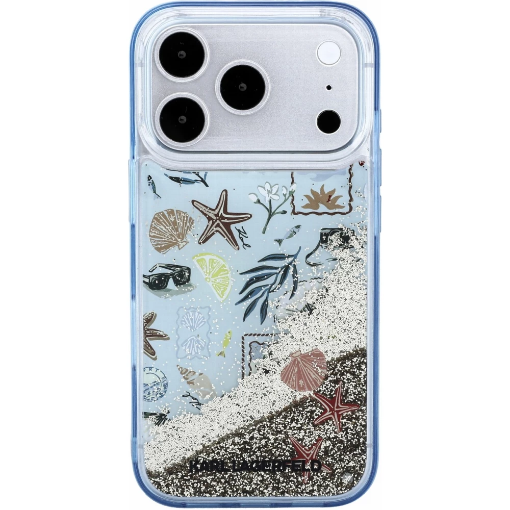 iPhone 18 Pro Max / 17 Pro Max Case H&uuml;lle - Karl Lagerfeld Liquid Glitter Beach and Sand mit Fl&uuml;ssigglitzer im Strand- und Sand-Design - Blau