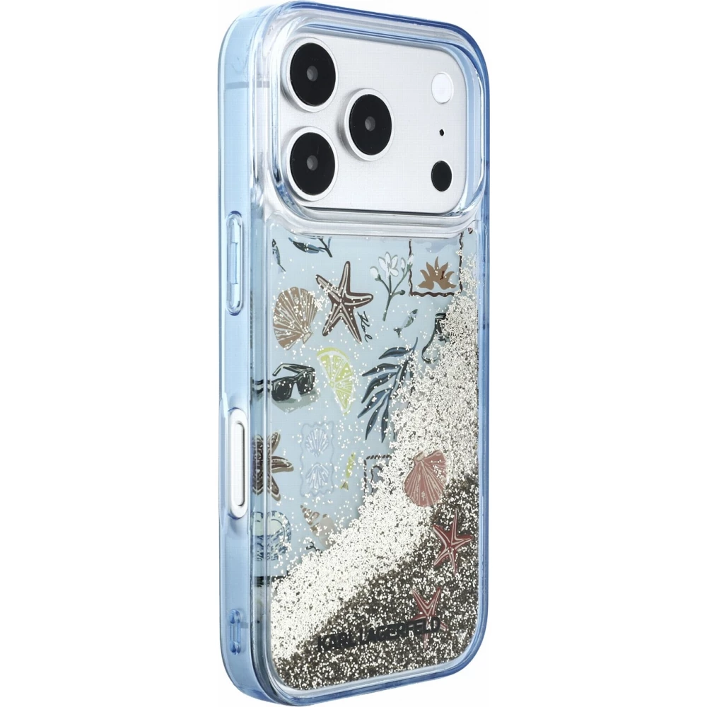 iPhone 18 Pro Max / 17 Pro Max Case H&uuml;lle - Karl Lagerfeld Liquid Glitter Beach and Sand mit Fl&uuml;ssigglitzer im Strand- und Sand-Design - Blau
