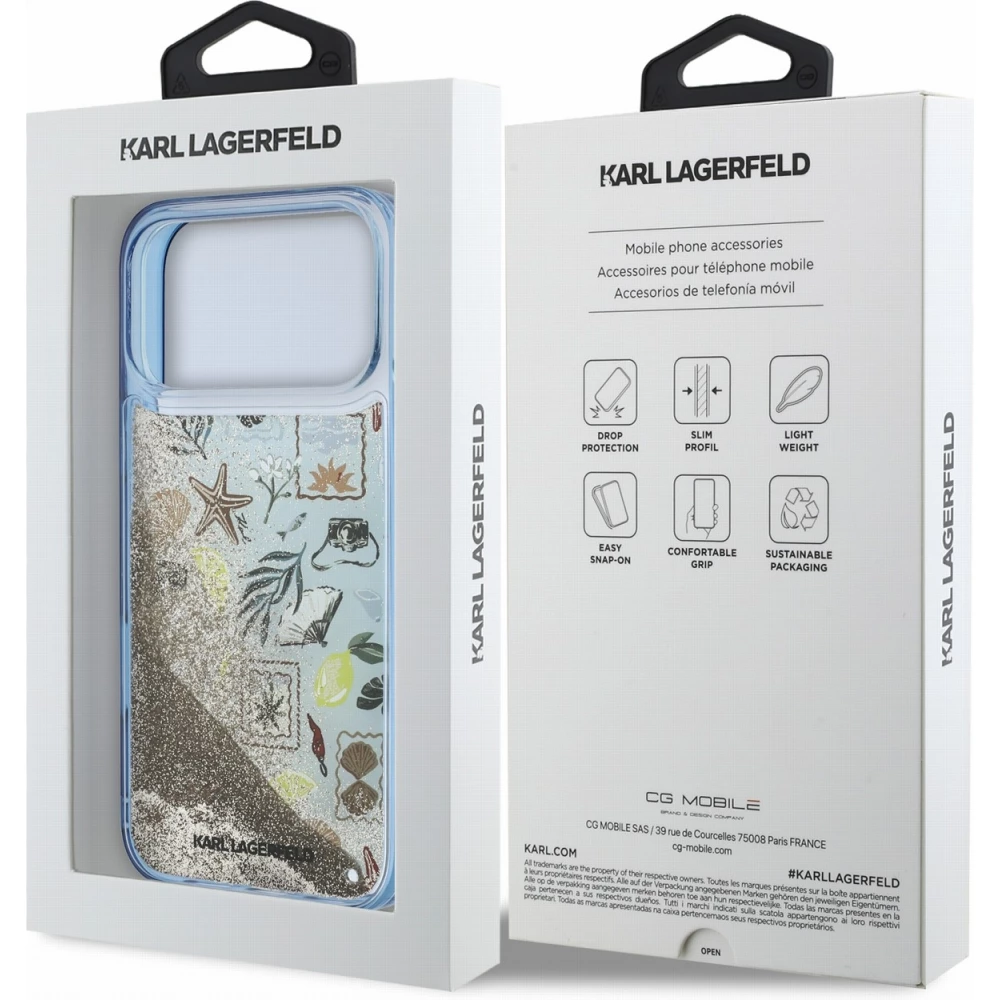 iPhone 18 Pro Max / 17 Pro Max Case H&uuml;lle - Karl Lagerfeld Liquid Glitter Beach and Sand mit Fl&uuml;ssigglitzer im Strand- und Sand-Design - Blau