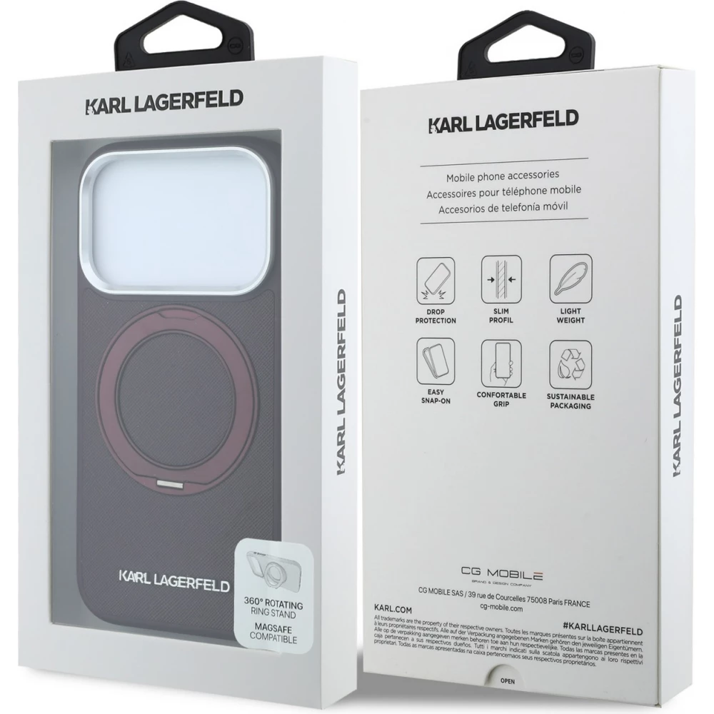 Coque iPhone 18 Pro Max / 17 Pro Max -  Karl Lagerfeld PU Saffiano MagSafe avec anneau de support 360&deg; - Burgundy