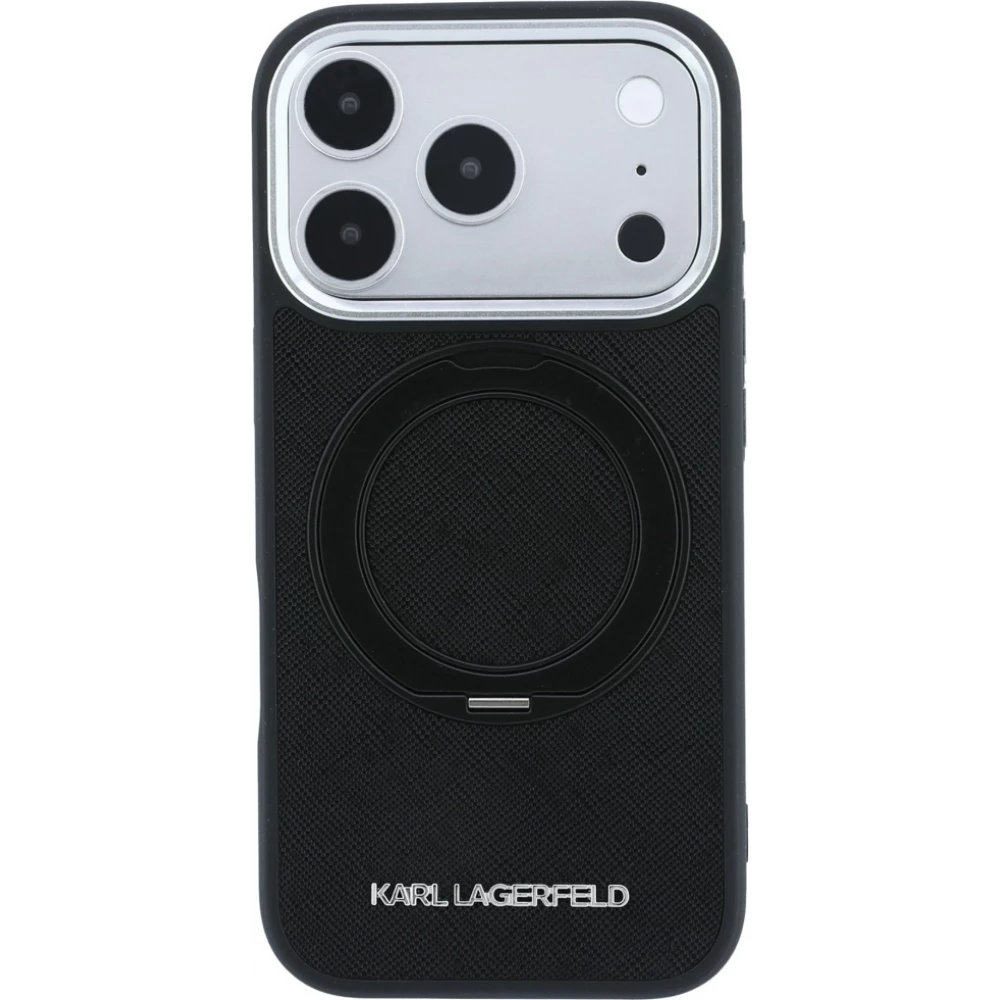 Coque iPhone 18 Pro Max / 17 Pro Max - Karl Lagerfeld PU Saffiano MagSafe avec anneau de support 360&deg; - Noir